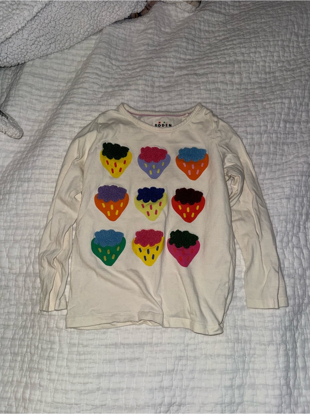 Mini Boden Cream Long-Sleeve Tee with Multicolor Strawberry Appliqués